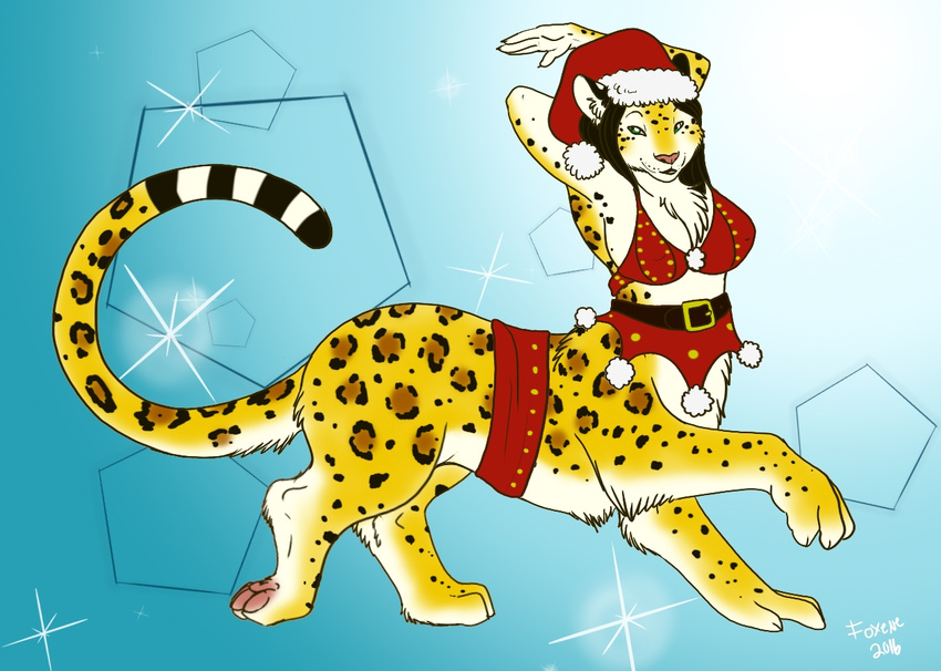 2016 black_hair breasts chakat chakona_space christmas clothed clothing feline female forestwalker foxene fur hair hands_behind_head holidays mammal taur