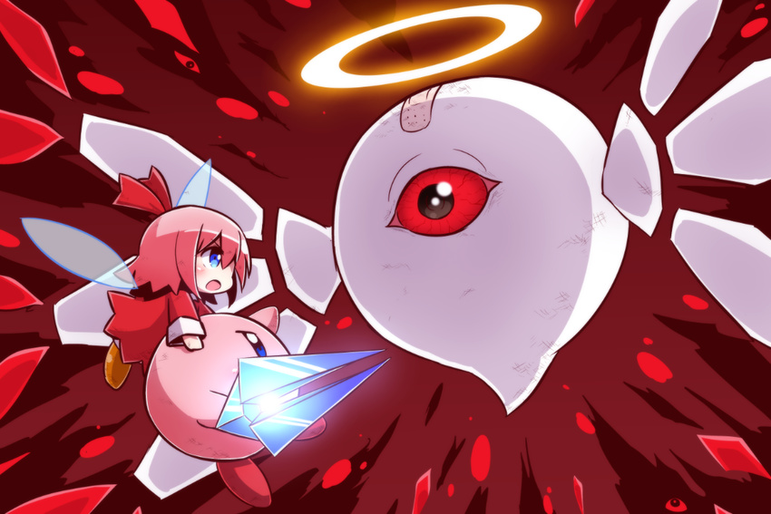 bandaid battle blue_eyes carrying dress fairy floating flying hair_ribbon halo injury kirby kirby_(series) kirby_64 long_sleeves naga_u pink_hair red_background red_dress red_eyes red_ribbon ribbon ribbon_(kirby) shoes short_hair spoilers yellow_footwear zero_two_(kirby)