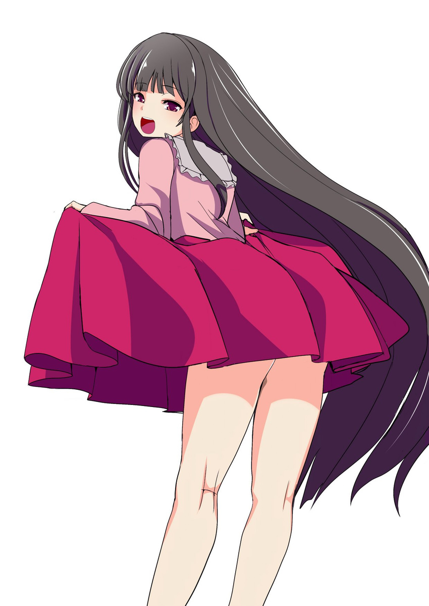 :d amisu bangs black_hair blunt_bangs brown_eyes commentary_request cowboy_shot from_side highres houraisan_kaguya kneepits lifted_by_self long_hair looking_at_viewer looking_to_the_side open_mouth pink_shirt princess red_skirt shirt skirt skirt_lift smile solo touhou very_long_hair