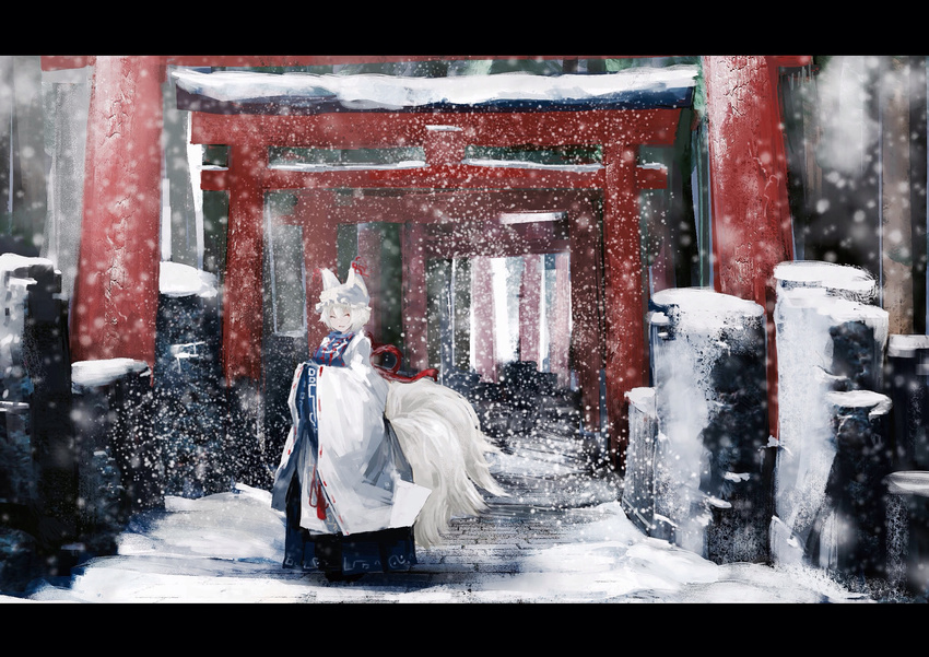 alternate_hair_color blue_skirt fox_tail hands_in_opposite_sleeves hat highres kaatoso long_skirt long_sleeves looking_at_viewer multiple_torii orange_eyes outdoors pillow_hat rope skirt snow snowing solo standing tail torii touhou white_hair wide_sleeves winter yakumo_ran