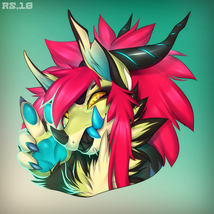 2018 5_fingers ambiguous_gender anthro black_fur black_teeth blue_claws blue_tusk chimereon claws digital_media_(artwork) evilyn_(bitch.) eyelashes facial_piercing fur green_background green_fur hair headshot_portrait hi_res horn lip_piercing looking_at_viewer mammal multicolored_hair notched_ear pawpads piercing pink_hair portrait radiant_scar sharp_teeth simple_background smile solo teeth toothy_grin tusks yellow_eyes