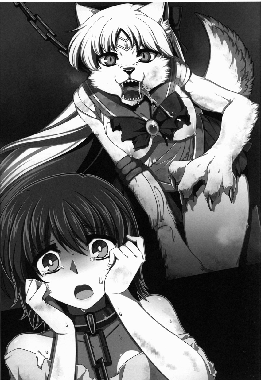 all_fours anthro black_and_white breasts canine chain claws clothed clothing collar comic costume dog doujinshi eyelashes fangs female female/female fur hair hi_res human interspecies jewelry kemono kneeling mammal mind_control modification monochrome nipples open_mouth pet sailor_moon_(series) sailor_venus saliva sex_slave shadow sweat teeth tongue tongue_out transformation uniform unknown_artist