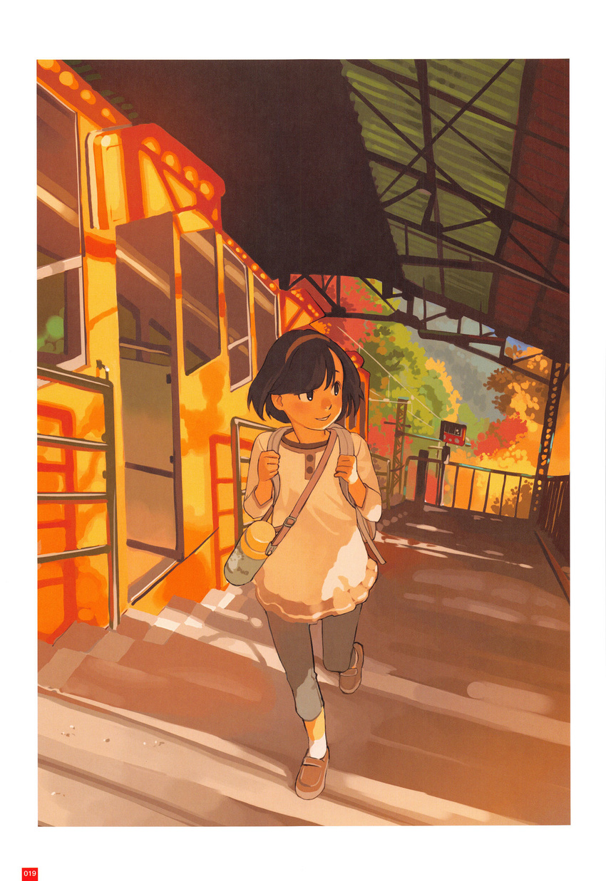 autumn_leaves backpack bag black_eyes blouse border brown_eyes brown_footwear brown_hair capri_pants funicular hairband highres holding_strap loafers long_sleeves looking_away looking_to_the_side original overhead_line page_number pants parted_lips railing scan shade shoes short_hair smile socks solo source_request stairs sunlight sunset takamichi tan thermos train_station walking white_border white_legwear