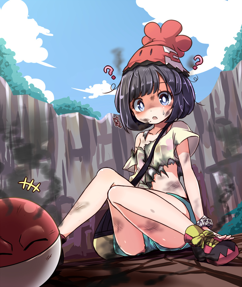 :o ? ^_^ bag beanie black_hair blue_eyes bob_cut bruise bruise_on_face burnt burnt_clothes closed_eyes cloud commentary_request confused crater day gen_1_pokemon gen_7_pokemon happy hat highres injury knees_together_feet_apart midriff mimikyu mizuki_(pokemon) open_mouth pokemon pokemon_(creature) pokemon_(game) pokemon_sm shipii_(jigglypuff) shirt shoes short_hair short_shorts shorts shoulder_bag sitting smile smoke sneakers sweatdrop torn_clothes torn_shirt voltorb