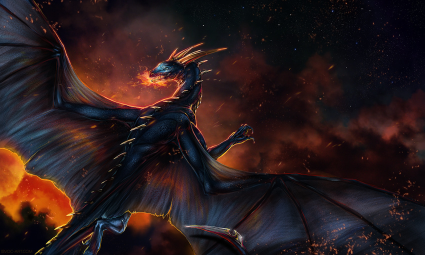 detailed_background digital_media_(artwork) dragon feral horn implied_fire isvoc membranous_wings night open_mouth sky solo spines spread_wings star starry_sky teeth wings