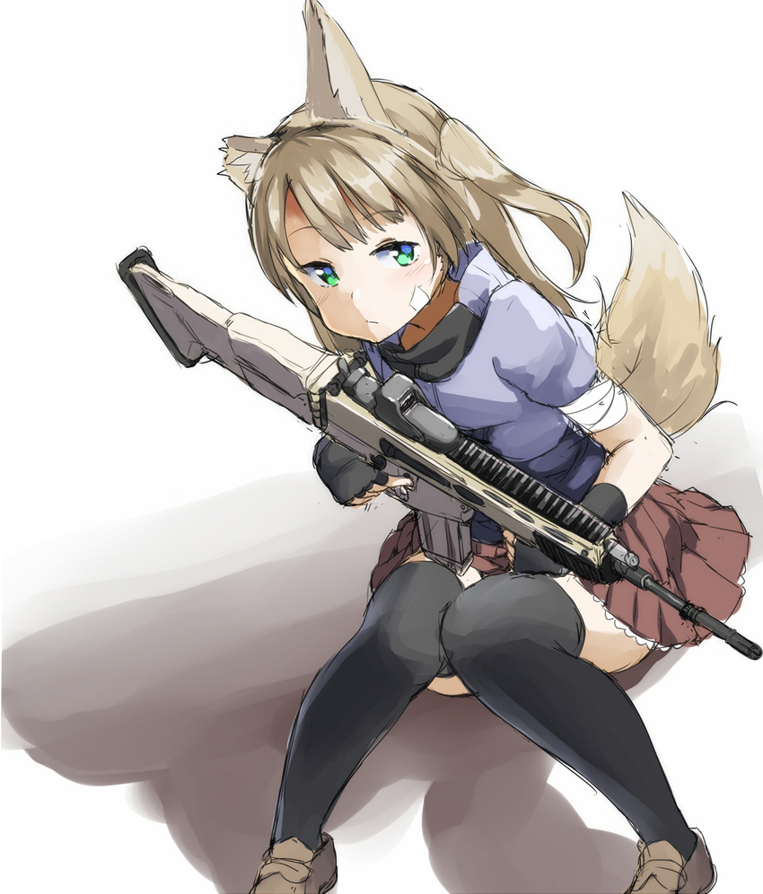 animal_ears assault_rifle bandaged_arm bandages bandaid bandaid_on_face black_gloves black_legwear blonde_hair commentary_request fingerless_gloves fn_scar fn_scar_17 fox_ears fox_tail gloves green_eyes gun highres holding holding_gun holding_weapon knees_together_feet_apart loafers looking_at_viewer original pleated_skirt rifle sekira_ame shoes short_sleeves sitting sketch skirt solo tail thighhighs weapon