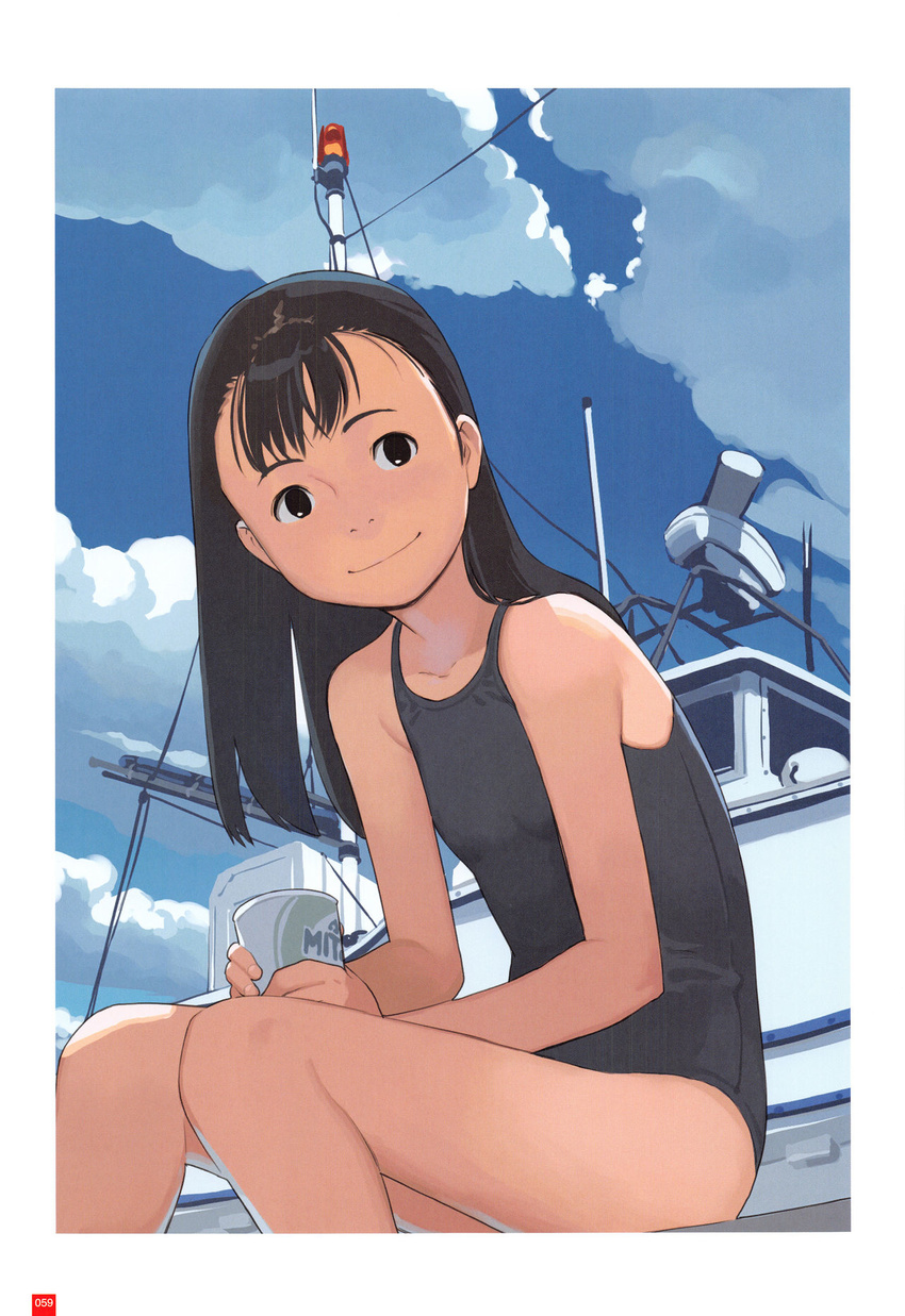 black_eyes black_hair boat cloud day flat_chest highres long_hair new_school_swimsuit one-piece_swimsuit original school_swimsuit sitting smile solo swimsuit takamichi watercraft