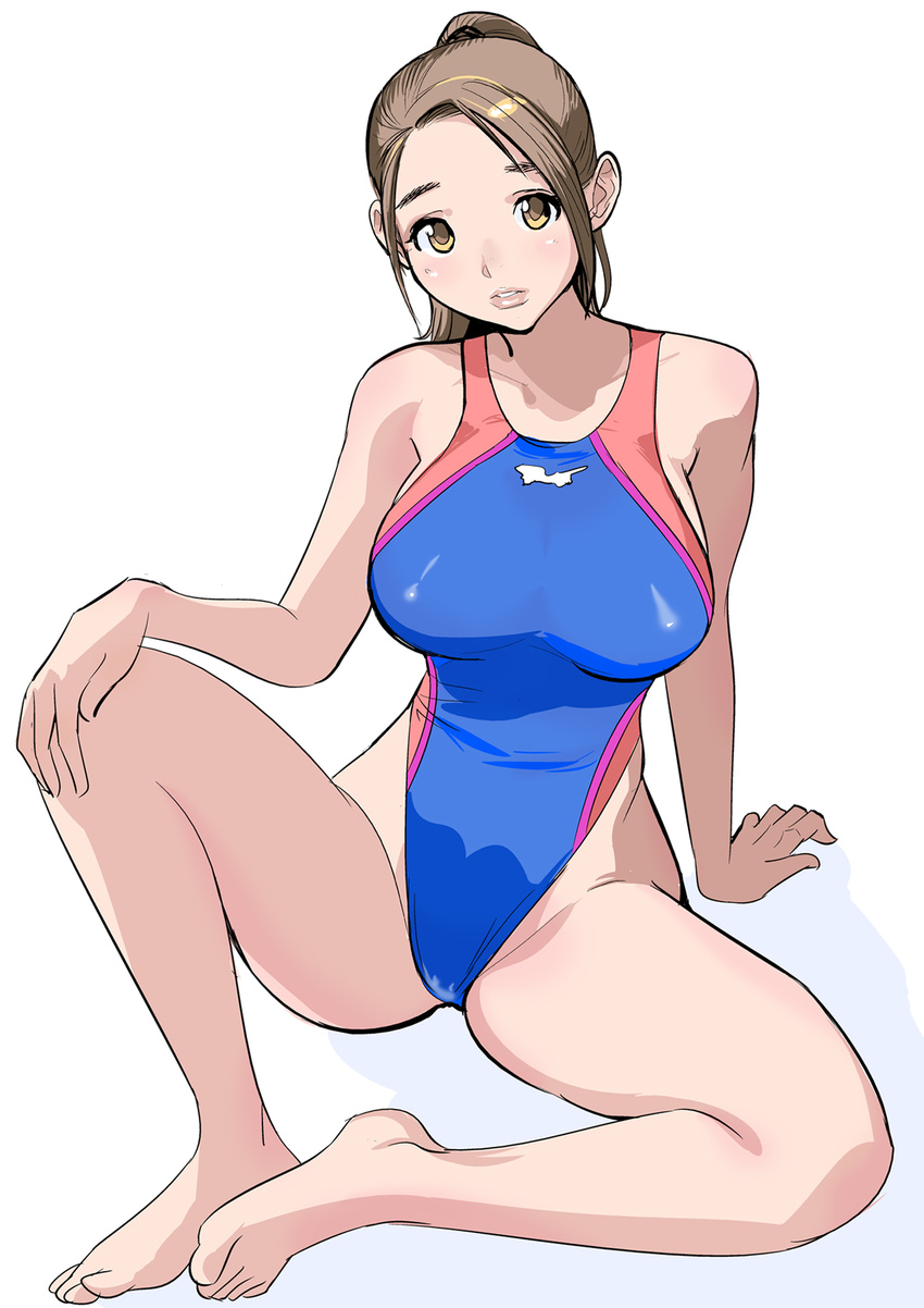 barefoot blue_swimsuit breasts brown_eyes brown_hair competition_swimsuit dytm full_body hand_on_own_knee highleg highleg_swimsuit highres large_breasts lips long_hair looking_at_viewer one-piece_swimsuit original parted_lips ponytail pool_monitor_part-timer_(dytm) sitting solo swimsuit