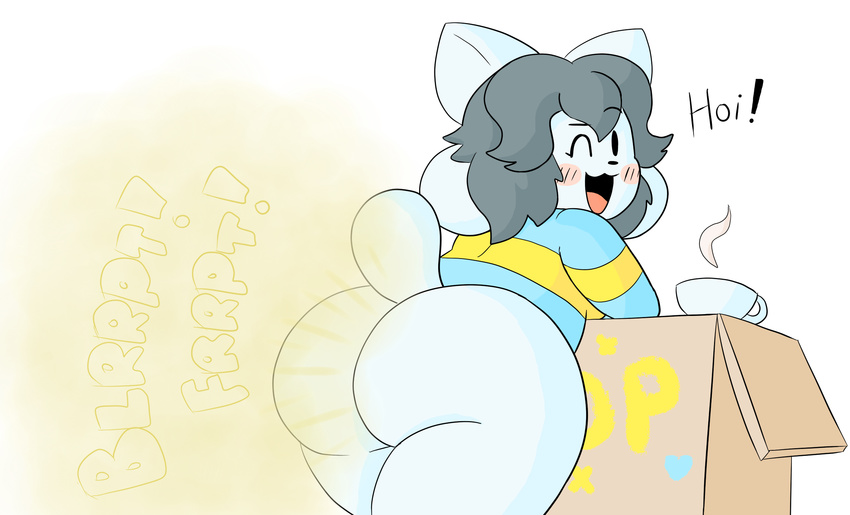 anthro butt canine cat clothed clothing dog english_text fart fart_fetish feline female fur mammal simple_background solo tem temmie_(undertale) text undertale video_games