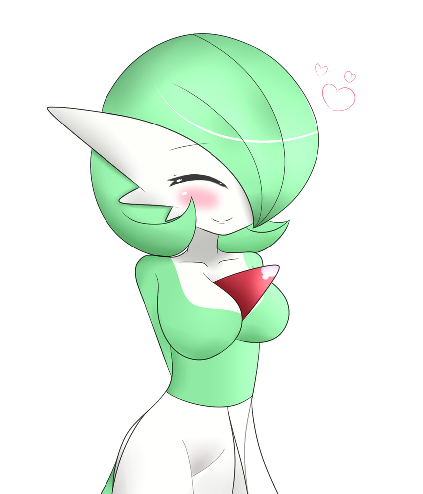 &lt;3 blush clothing cute dress eyes_closed gardevoir green_hair green_skin hair hair_over_eye hands_behind_back happy multicolored_skin nintendo pok&eacute;mon sana!rpg simple_background smile two_tone_skin video_games white_background white_skin yes!rpg