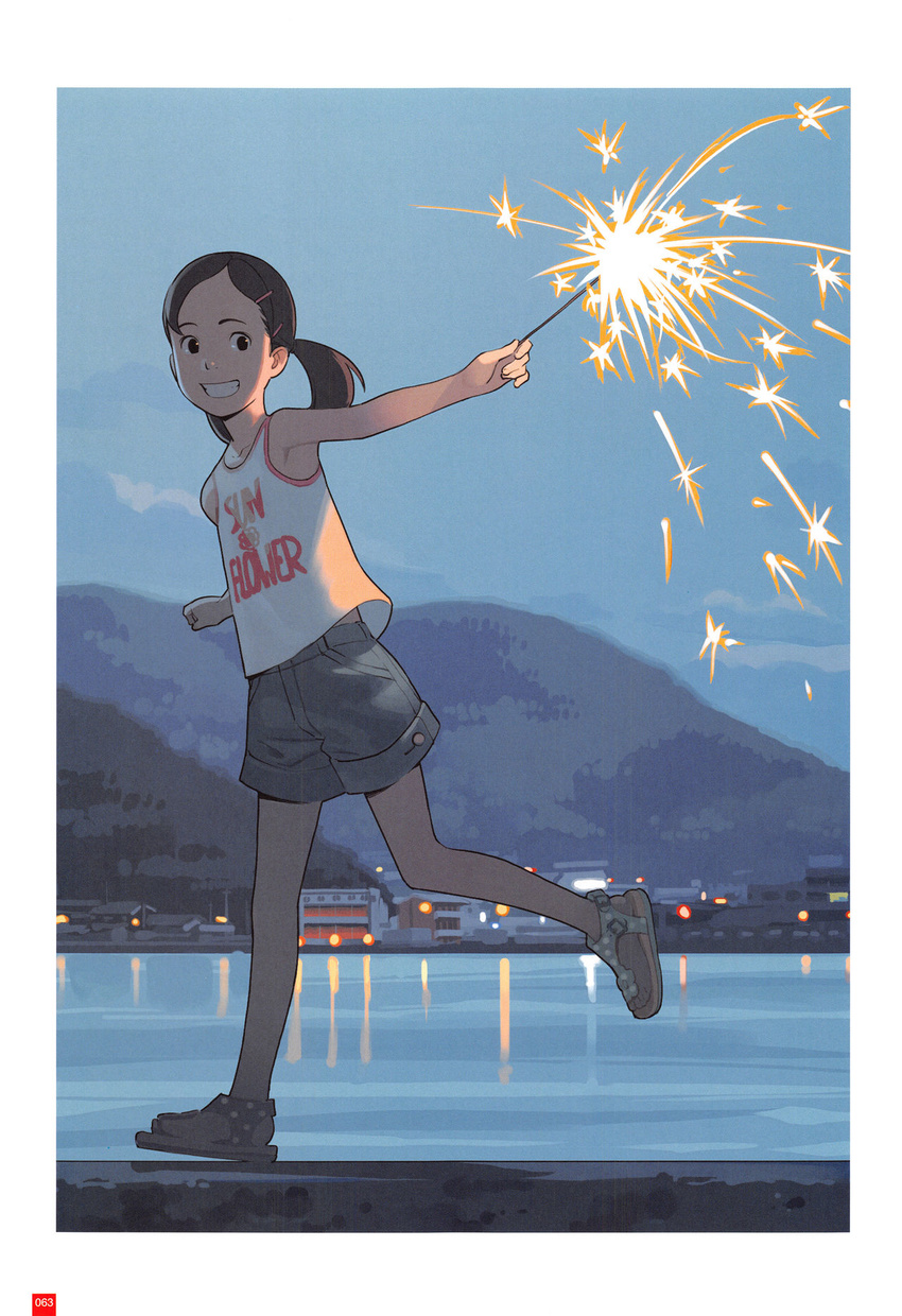 black_eyes blue blue_sky border brown_hair dusk fireworks flat_chest from_side full_body grin hair_ornament hairclip highres hill looking_at_viewer night ocean original outdoors outstretched_arm page_number print_shirt reflection running sandals scan senkou_hanabi shirt short_twintails shorts sky sleeveless sleeveless_shirt smile solo source_request sparkler takamichi teeth town twintails water white_border