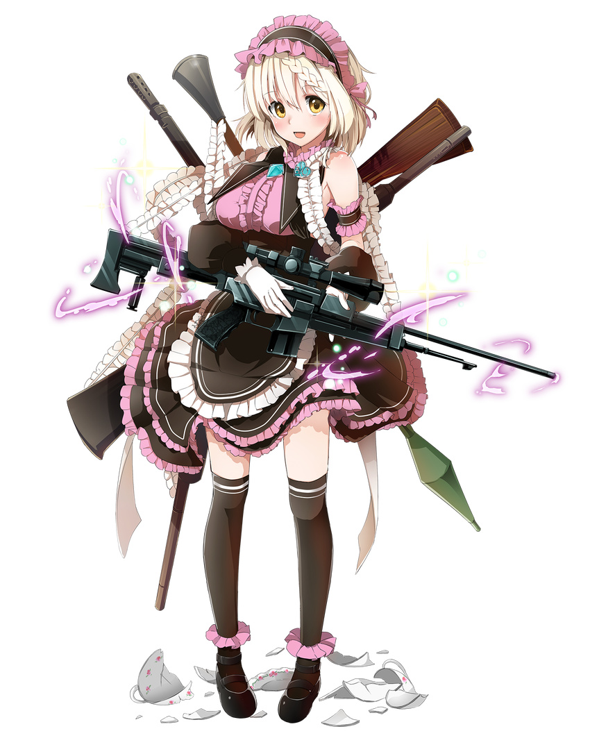 arm_garter artist_request beatrice_(royal_flash_heroes) black_legwear blonde_hair book braid broken_cup center_frills dress french_braid frills full_body gun headdress highres holding holding_book mary_janes open_mouth rocket_launcher royal_flash_heroes shoes short_hair skirt smile solo thighhighs too_many transparent_background weapon yellow_eyes