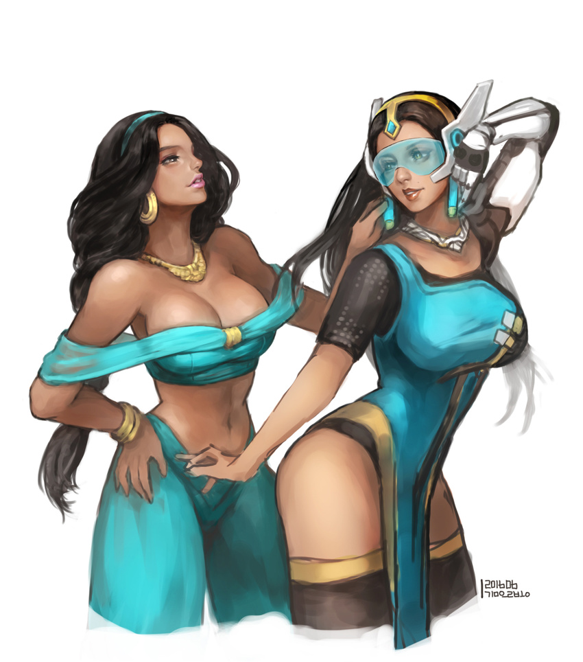 2girls aladdin_(disney) arm_behind_head bare_shoulders black_hair black_legwear blue_dress bracelet braid breasts brown_eyes cleavage color_connection crossover cyborg dark_skin dated disney dress earrings forehead_jewel harem_outfit harem_pants headgear highres jasmine_(disney) jewelry kim_eul_bong large_breasts leaning_forward light_smile lips long_hair looking_at_viewer mechanical_arm midriff multiple_girls navel necklace nose overwatch pants parted_lips pelvic_curtain see-through simple_background symmetra_(overwatch) thighhighs visor white_background