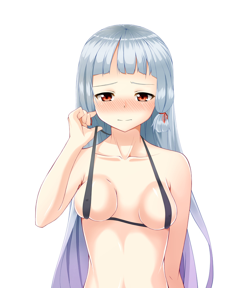 adjusting_clothes adjusting_swimsuit bikini_top blush breasts covered_nipples embarrassed hair_ribbon highres jito_mesuki_nitouhei kantai_collection long_hair looking_at_viewer medium_breasts murakumo_(kantai_collection) red_eyes ribbon sidelocks silver_hair simple_background solo swimsuit tress_ribbon very_long_hair white_background