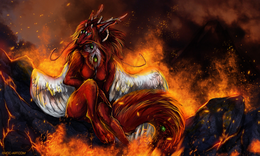 anthro breasts digital_media_(artwork) dragon feathered_wings feathers featureless_breasts female fur furred_dragon green_eyes hair isvoc lava night non-mammal_breasts nude outside red_fur red_hair sitting solo white_feathers wings