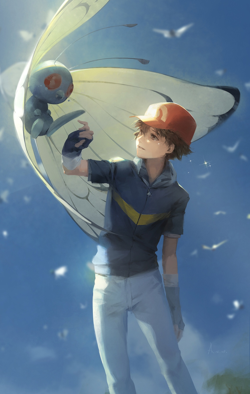 a-shacho black_gloves blue_sky blurry blurry_background brown_eyes brown_hair butterfree crying dated eye_contact fingerless_gloves gen_1_pokemon gloves hat highres jacket looking_at_another male_focus outdoors pants pokemon pokemon_(anime) pokemon_(creature) red_hat satoshi_(pokemon) sky standing tears