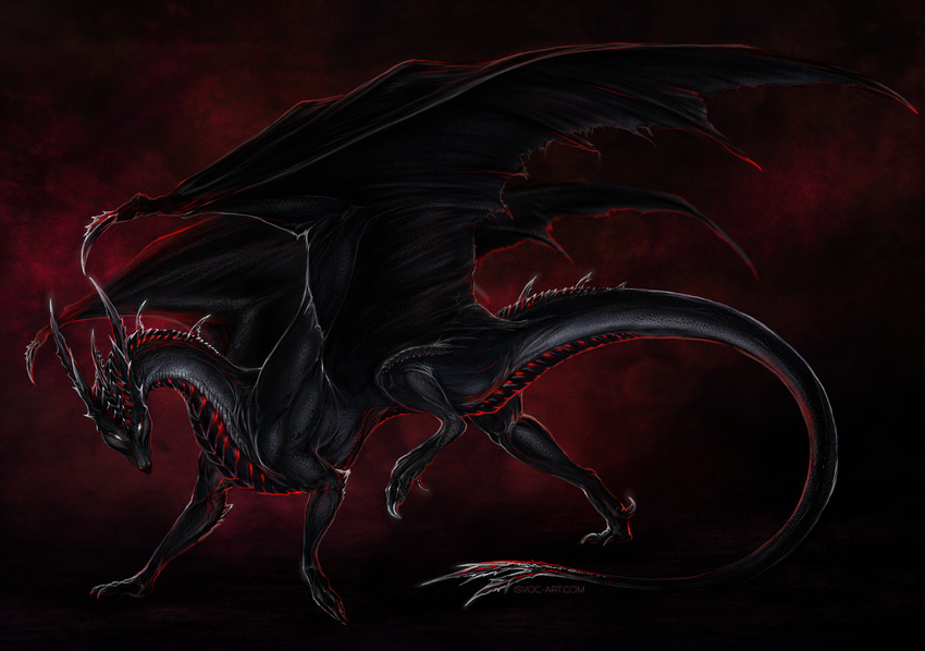 black_scales claws curved_horn digital_media_(artwork) dragon gradient_background horn isvoc membranous_wings nude scales scalie simple_background spread_wings standing western_dragon wings