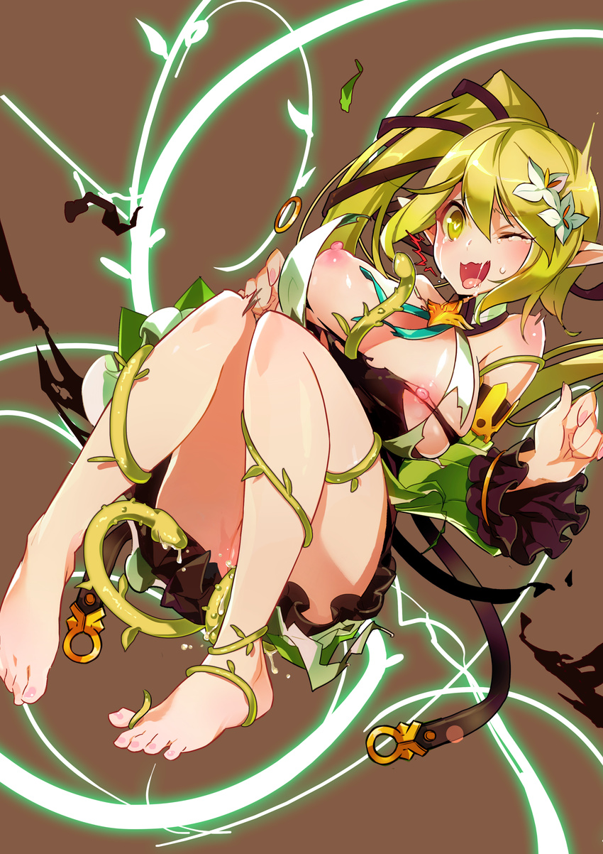 1girl absurdres alicecrazy barefoot belt blonde_hair blush breasts brown_background brown_ribbon cum elf elsword feet flower glowing green_sleeves hair_flower hair_ornament heart heart-shaped_pupils highres large_breasts nail_polish nipple_slip nipples no_panties orgasm pink_nails plant pointy_ears rena_(elsword) ribbon saliva shirt side_ponytail simple_background solo symbol-shaped_pupils tears tentacles torn_clothes torn_shirt vine_bondage vine_tentacle vines w_arms wind_sneaker_(elsword) yellow_eyes