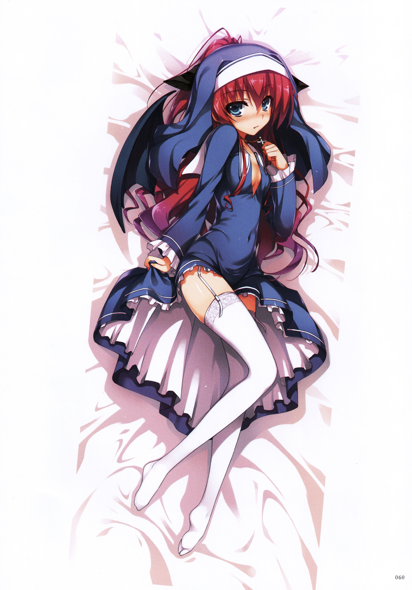 absurdres aqua_eyes blush covered_navel cross cross_necklace dakimakura demon_wings fang fang_out frills full_body garter_straps habit highres holding_cross jewelry koakuma_teeri_to_kyuuseishu!? lifted_by_self long_hair lying necklace no_shoes nun on_side ponytail red_hair scan single_wing solo teeri_(koakuma_teeri_to_kyuuseishu!?) thighhighs tomose_shunsaku very_long_hair white_legwear wings