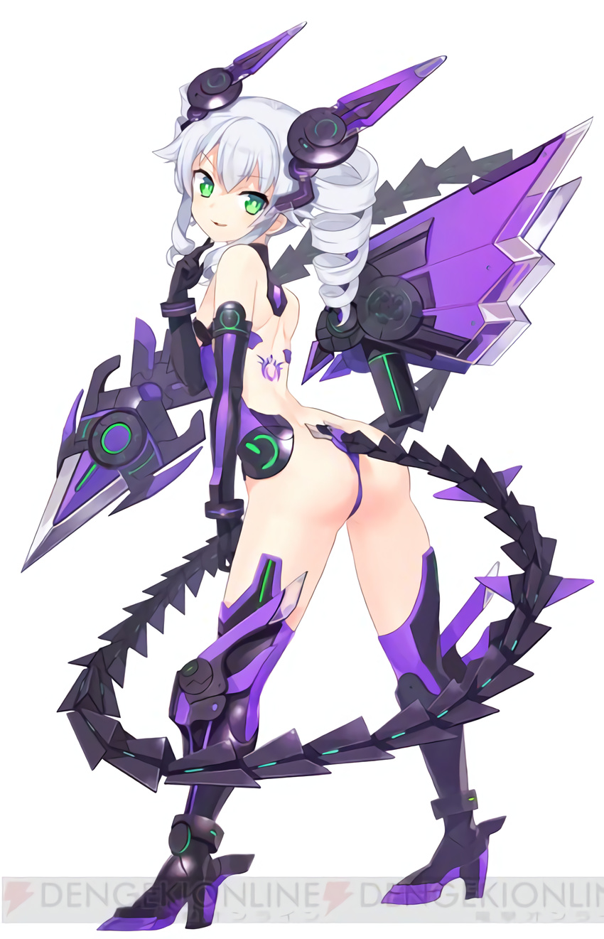 absurdres arched_back ass back black_sister black_sister_(chaos_transformation) breasts dark_persona dengeki_online drill_hair elbow_gloves finger_to_mouth full_body gloves greaves green_eyes headgear high_heels highres konbu_wakame looking_at_viewer looking_back mechanical_wings neon_trim nepnep_connect:_chaos_chanpuru neptune_(series) power_symbol revealing_clothes simple_background small_breasts smile solo source_request spiked_tail spikes strapless symbol-shaped_pupils tail tattoo thighhighs twin_drills uni_(choujigen_game_neptune) waifu2x white_background white_hair wings