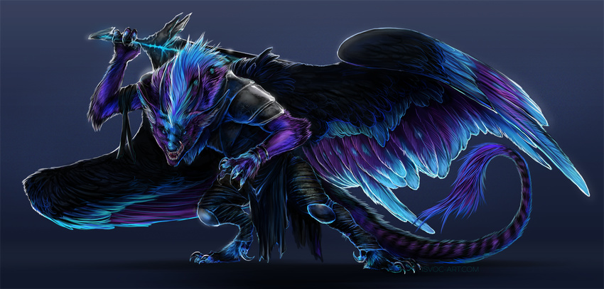 4_fingers anthro blue_feathers blue_fur blue_hair claws digital_media_(artwork) dragon feathered_dragon feathered_wings feathers fur hair holding_object holding_weapon isvoc melee_weapon open_mouth purple_feathers purple_fur simple_background solo standing sword teeth weapon wings