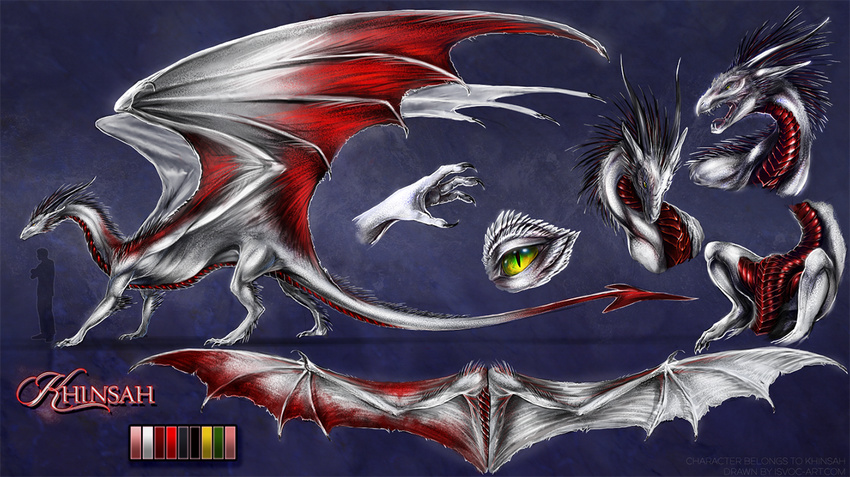 claws dragon feral gradient_eyes grey_scales isvoc membranous_wings model_sheet nude open_mouth red_scales scales solo standing teeth tongue white_scales wings