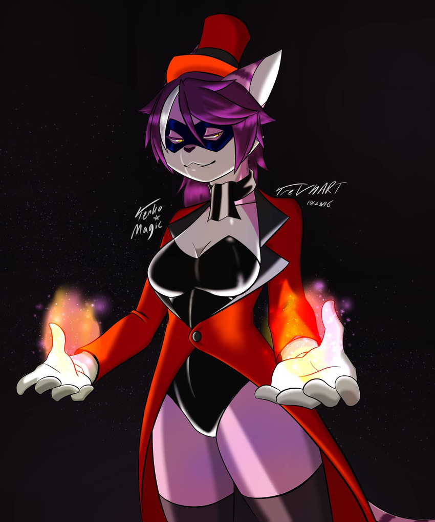 breasts cat cleavage clothed clothing coat corset costume dark domino_mask eyemask feline female fire glowing glowing_eyes hair hat leggings legwear light lingerie magic magic_user magician mammal mask purple_hair rubber stripes tenko top_hat trevhart yellow_eyes