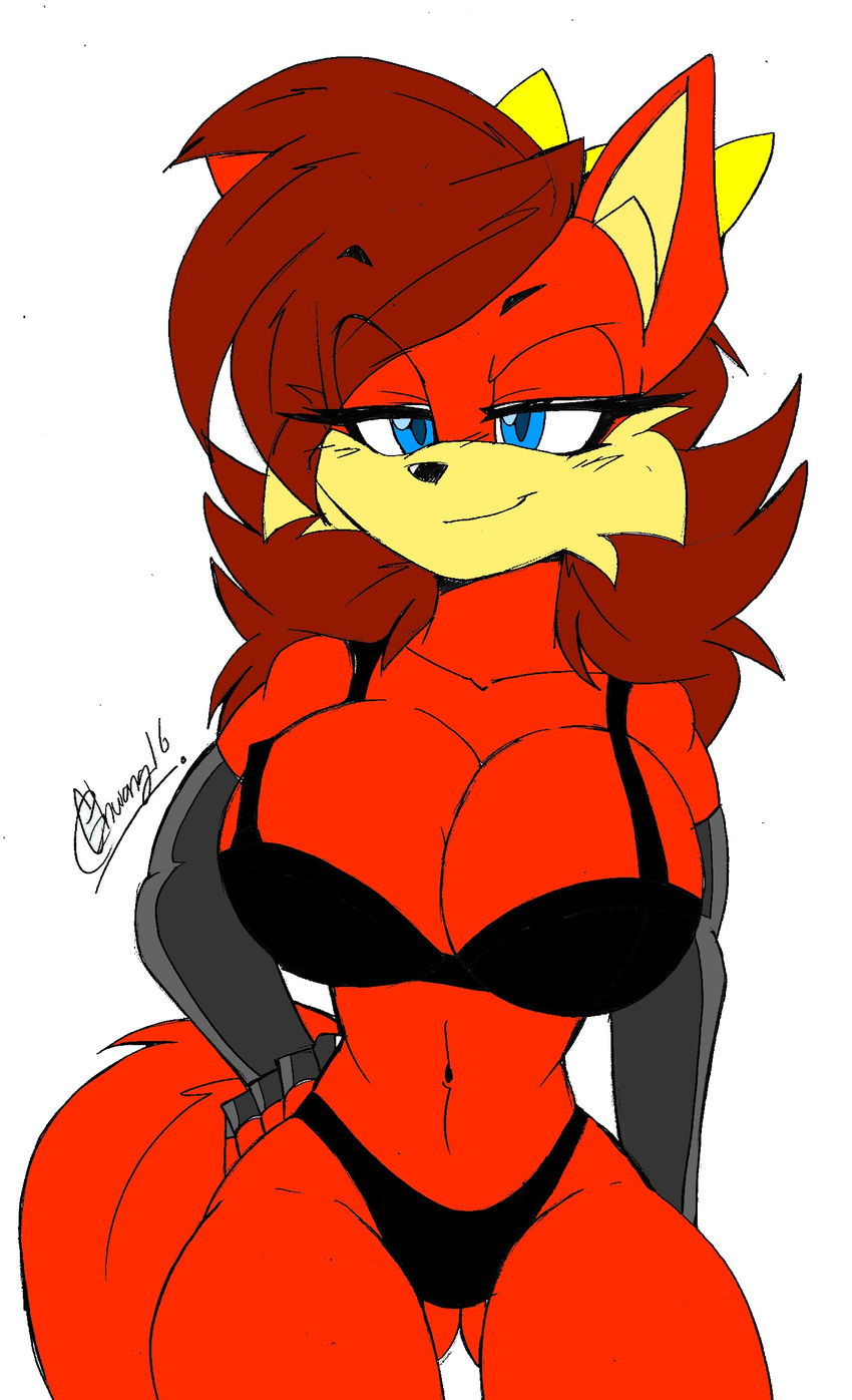 2016 akatsukishiranui-fox anthro armwear big_breasts blue_eyes bra breasts canine cleavage clothed clothing female fiona_fox fox fur hair half-closed_eyes hi_res mammal panties red_fur red_hair simple_background solo sonic_(series) underwear white_background