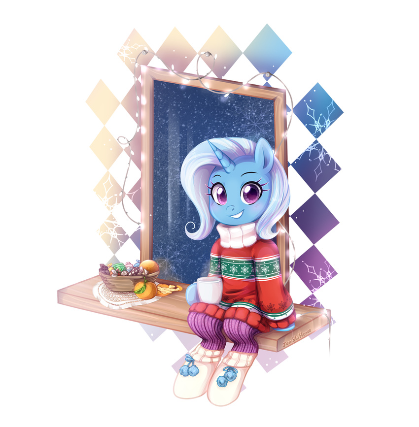 2016 blush candy clothed clothing cup equine female food friendship_is_magic fruit hair horn jumblehorse looking_at_viewer mammal my_little_pony orange_(fruit) sitting solo trixie_(mlp) unicorn