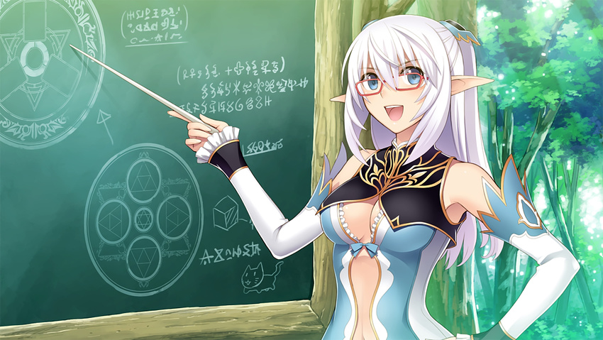 :d absurdres altina_(shining_blade) aqua_bow armpits bangs bare_shoulders bespectacled blade_arcus_from_shining blue_eyes bow breasts chalkboard circle cleavage cleavage_cutout day detached_sleeves directional_arrow drawing ears elf eyebrows eyebrows_visible_through_hair eyes fingernails forest frilled_sleeves frills game_cg glasses hair_between_eyes hair_ornament half_updo hand_on_hip hands happy hexagram highres holding leaf long_hair looking_to_the_side medium_breasts nature navel navel_cutout open_eyes open_mouth outdoors pointer pointy_ears red-framed_eyewear shining_(series) shining_blade silver_hair smile solo star star_of_david stomach tanaka_takayuki teacher teaching teeth text_focus tongue tree triangle upper_body