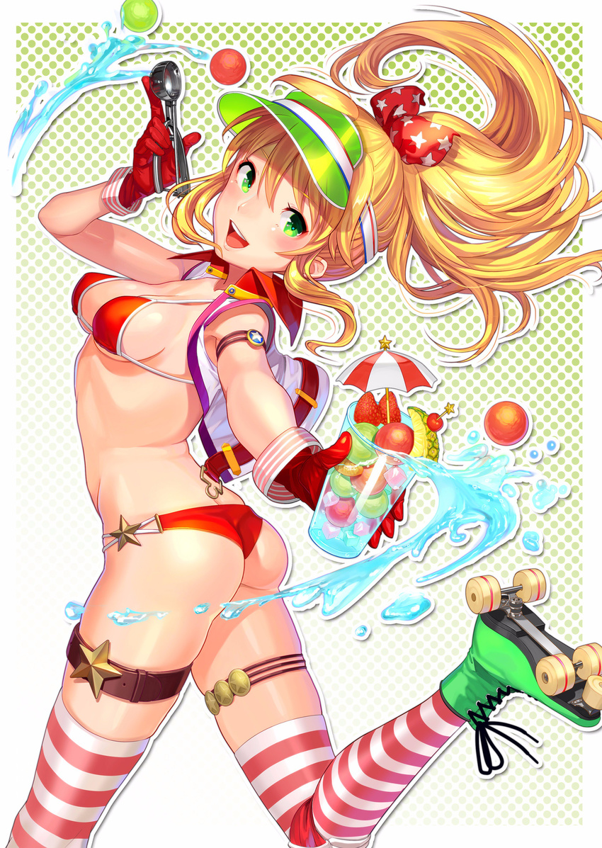 absurdres ahoge arm_strap ass bikini blonde_hair breasts cocktail_umbrella cup drink drinking_glass floating_hair gloves green_eyes highres holding holding_cup hoshii_miki ice_cream_scoop idolmaster idolmaster_(classic) joey_koguma knee_pads leg_up long_hair looking_back medium_breasts one_eye_closed open_clothes open_mouth open_vest outline outstretched_arm polka_dot polka_dot_background ponytail red_bikini roller_skates shiny shiny_skin skates skindentation smile solo splashing strap_gap swimsuit upper_teeth vest visor_cap water