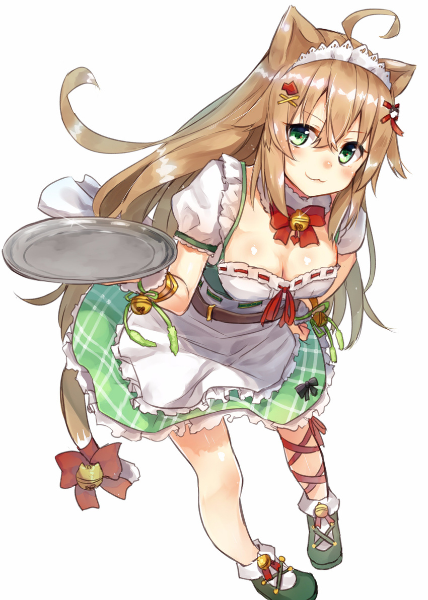 :3 absurdres ahoge animal_ears ankle_ribbon apron bell belt blush bow bracelet breasts brown_hair cat_ears cat_tail enokorogusa_(flower_knight_girl) flower_knight_girl frills green_eyes green_skirt hair_ornament hairband hairclip highres holding holding_tray jewelry jingle_bell long_hair looking_at_viewer medium_breasts red_bow ribbon ruma_imaginary shoes skirt smile solo tail tail_bell tail_bow tray white_background