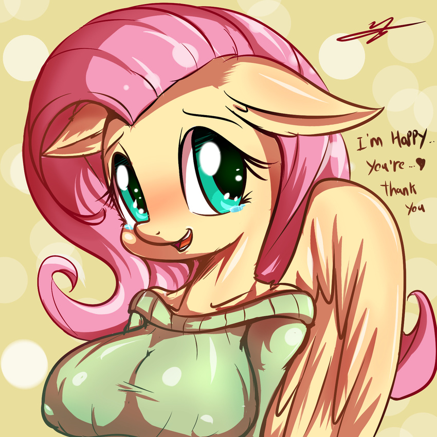 anthro big_breasts blush breasts clothed clothing english_text equine feathered_wings feathers female fluttershy_(mlp) friendship_is_magic hair hi_res horse kyodashiro long_hair looking_at_viewer mammal my_little_pony open_mouth pegasus pink_hair pony simple_background smile solo sweater tears text wings