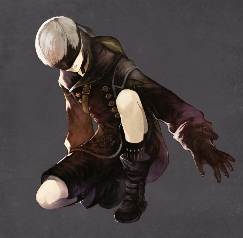 belt_buckle blindfold boots buckle buttons coat commentary covered_eyes gloves hair_over_eyes highres male_focus nier_(series) nier_automata one_knee pale_skin shorts simple_background solo strap white_hair yamano_(umashio) yorha_no._9_type_s