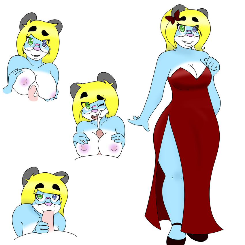 2016 anthro areola big_breasts big_eyebrows blonde_hair blue_eyes blue_fur breasts clothed clothing cum cum_on_breasts cum_on_face cute digital_media_(artwork) disembodied_penis dress ejaculation erection eyewear feline fellatio female fur glasses hair hairpin heterochromia hi_res looking_at_viewer male male/female mammal mcfly0crash nipples nude open_mouth oral orgasm penis sex simple_background smile solo terry_katt titfuck white_background white_fur wide_hips