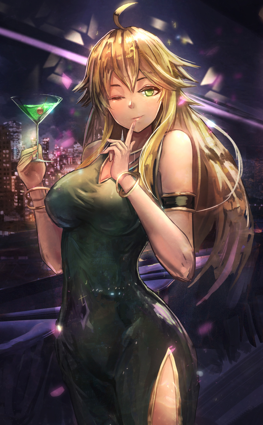 ;) absurdres ahoge armband bangle bangs black_dress blonde_hair bracelet breasts building cherry city closed_mouth cocktail cocktail_glass covered_navel cowboy_shot cup dress drink drinking_glass evening_gown finger_to_mouth fingernails food formal fruit glass green_dress green_eyes highres holding holding_cup hoshii_miki idolmaster idolmaster_(classic) jewelry large_breasts lipstick long_hair looking_at_viewer makeup mascara nail_polish night one_eye_closed pink_nails plaster_(2501) shushing side_slit skyscraper sleeveless sleeveless_dress smile smirk solo taut_clothes taut_dress v-neck wine_glass
