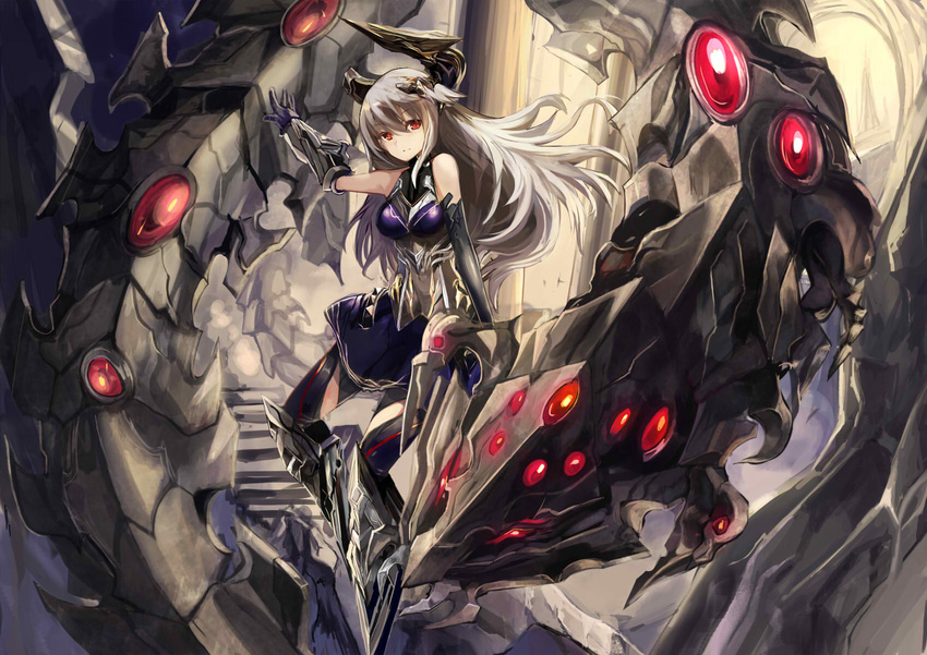 elbow_gloves gloves haik highres horns long_hair looking_at_viewer original red_eyes silver_hair solo