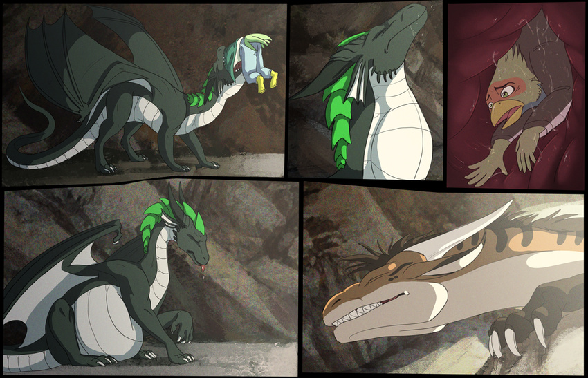 2015 anthro avian barefoot beak belly_expansion bird black_border black_horn black_scales black_tail blue_feathers border brown_hair brown_scales cave claws clothed clothing comic detailed_background digital_media_(artwork) dragon ear_fins eyes_closed falcon feathers feral fin green_eyes green_feathers green_tail group hair head_first horn inflation inside internal jacket larger_male long_neck male membranous_wings multicolored_feathers multicolored_scales multiple_scenes neck_bulge open_mouth oral_vore orange_feathers pants pink_tongue quadruped scales scalie sitting size_difference smaller_male sparkx spikes tan_scales teeth tongue tongue_out torian_(nimorga) two_tone_scales two_tone_tail vore vorelord white_scales white_tail wings yellow_beak