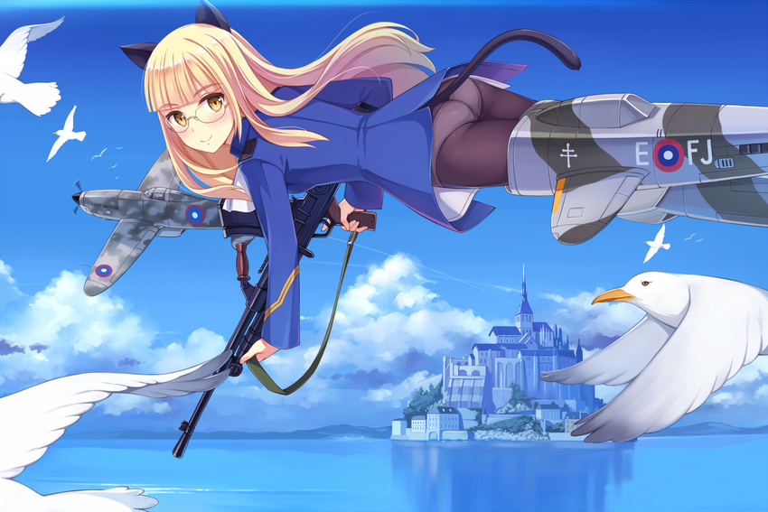 aircraft airplane animal_ears ass bangs bird black_legwear blunt_bangs blush breasts castle cat_ears cat_tail commentary_request flying glasses gun long_hair long_sleeves looking_at_viewer machine_gun military military_uniform ocean panties panties_under_pantyhose pantyhose perrine_h_clostermann seagull small_breasts smile solo strike_witches striker_unit tail underwear uniform vg-33 water weapon white_panties world_witches_series yellow_eyes yokaze_japan