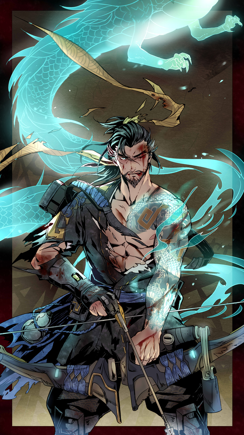 absurdres arrow black_hair blood blood_on_face blue_eyes bow_(weapon) dragon hanzo_(overwatch) headband hermithessa highres japanese_clothes male_focus overwatch ponytail solo tattoo torn_clothes weapon wince