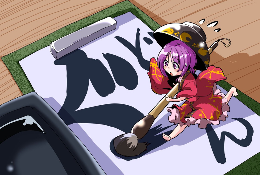 barefoot bowl bowl_hat calligraphy calligraphy_brush commentary_request crescent flying_sweatdrops frilled_kimono frills from_above hat inkwell japanese_clothes kimono minigirl notepad open_mouth paintbrush purple_eyes purple_hair red_kimono shinapuu short_hair solo sukuna_shinmyoumaru sweat touhou wide_sleeves writing