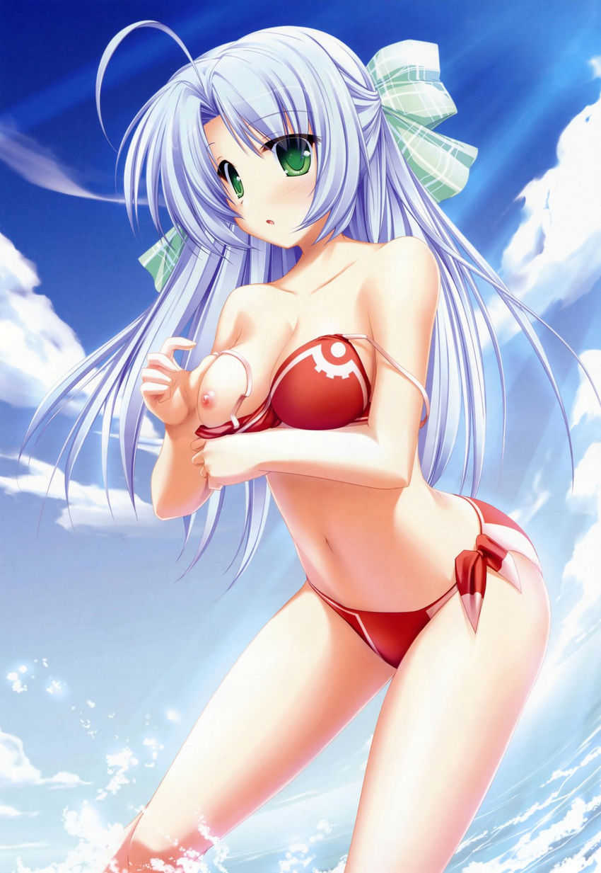 alicia_infans bikini blue_hair breast_hold breasts day green_eyes highres magus_tale medium_breasts ribbon side-tie_bikini solo swimsuit tenmaso