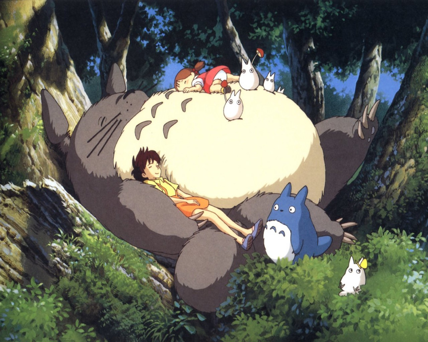 artist_request brown_hair child dress forest in_tree kusakabe_mei kusakabe_satsuki legs lying multiple_girls nature outdoors overgrown panties pinafore_dress puffy_sleeves shirt shoes short_hair siblings sisters size_difference skirt sleeping suspenders tonari_no_totoro totoro tree twintails underwear