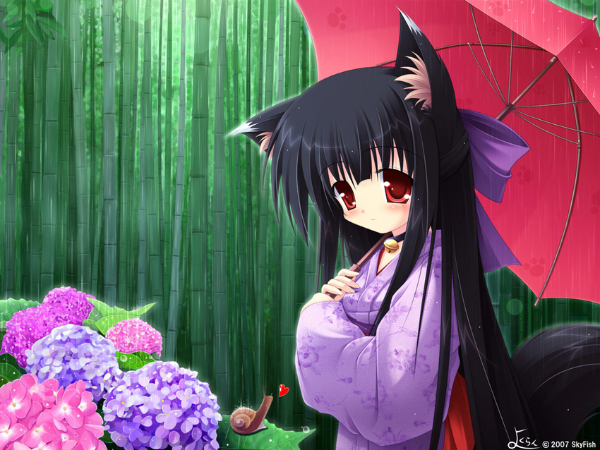 animal_ears blush blushing cat_ears cat_tail catgirl flower flowers japanese_clothes kimono long_hair nekomimi tail