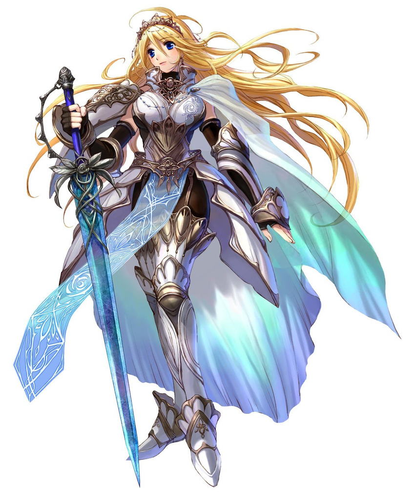 armor blonde_hair blue_eyes cape christianna crown gauntlets greaves hat highres long_hair schmid_diva solo sword weapon