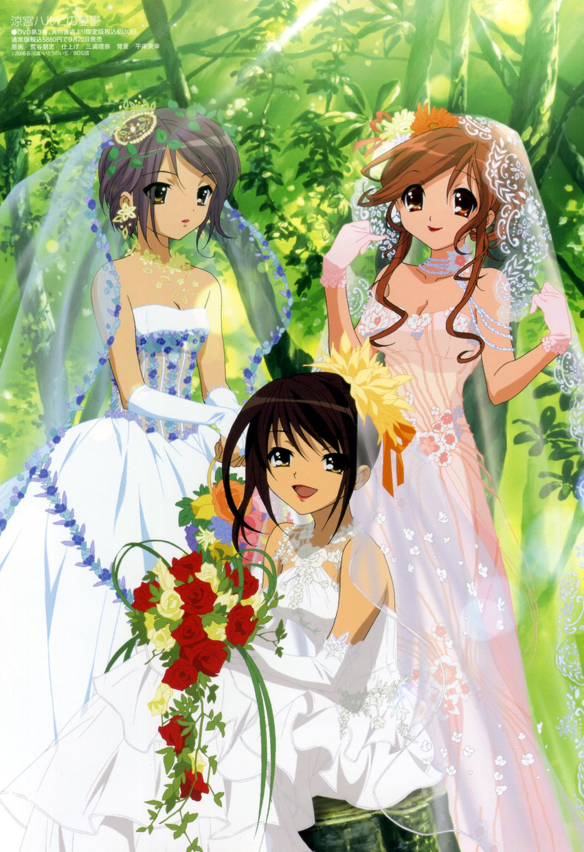 aratani_tomoe asahina_mikuru bouquet bridal_veil bride brown_hair dress elbow_gloves flower gloves hair_flower hair_ornament highres lace lace-trimmed_gloves lipstick makeup megami multiple_girls nagato_yuki pink_dress pink_gloves pink_wedding_dress red_flower red_rose rose scan see-through short_hair sitting standing strapless strapless_dress suzumiya_haruhi suzumiya_haruhi_no_yuuutsu tree veil wedding_dress white_dress white_gloves