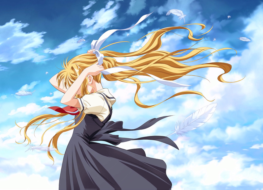 absurdres air black_dress blonde_hair blue_sky cloud cloudy_sky covered_eyes day dress feathers feet_out_of_frame floating_hair from_side hair_ribbon hair_undone hands_up highres kamio_misuzu kobayashi_akemi long_hair motion_blur parted_lips pinafore_dress red_neckwear ribbon school_uniform short_sleeves sidelocks sky solo standing untying very_long_hair white_ribbon wind