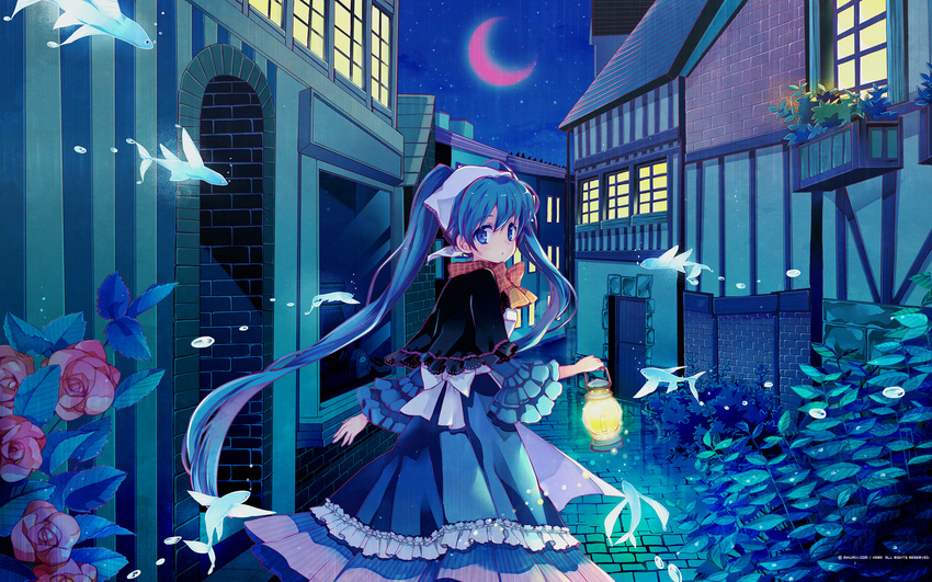 aqua_eyes aqua_hair bow bubble capelet city crescent_moon dress fish flower flying_fish hara_yui hatsune_miku head_scarf highres lantern long_hair looking_back mikumix moon night red_moon reflection rose scenery solo surreal twintails very_long_hair vocaloid wallpaper wet_floor