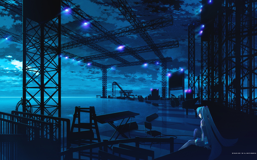 1girl aqua_eyes drum grand_piano hatsune_miku highres instrument keyboard_(instrument) long_hair mikumix night piano scenery sitting sky solo twintails very_long_hair vocaloid wallpaper