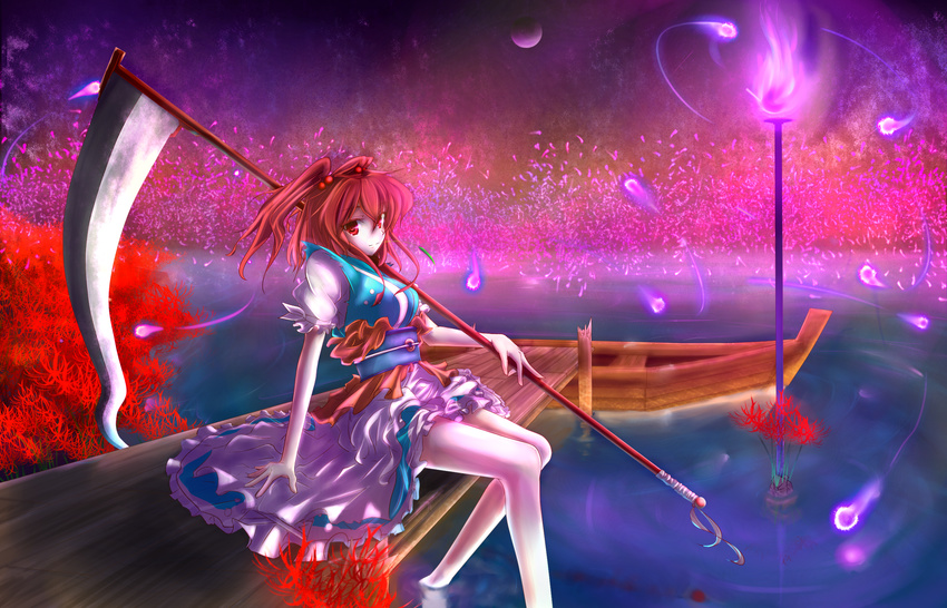 boat flower ghost hair_bobbles hair_ornament highres legs md5_mismatch mugen_soukyuu onozuka_komachi red_eyes red_hair river scythe short_hair solo spider_lily touhou two_side_up watercraft